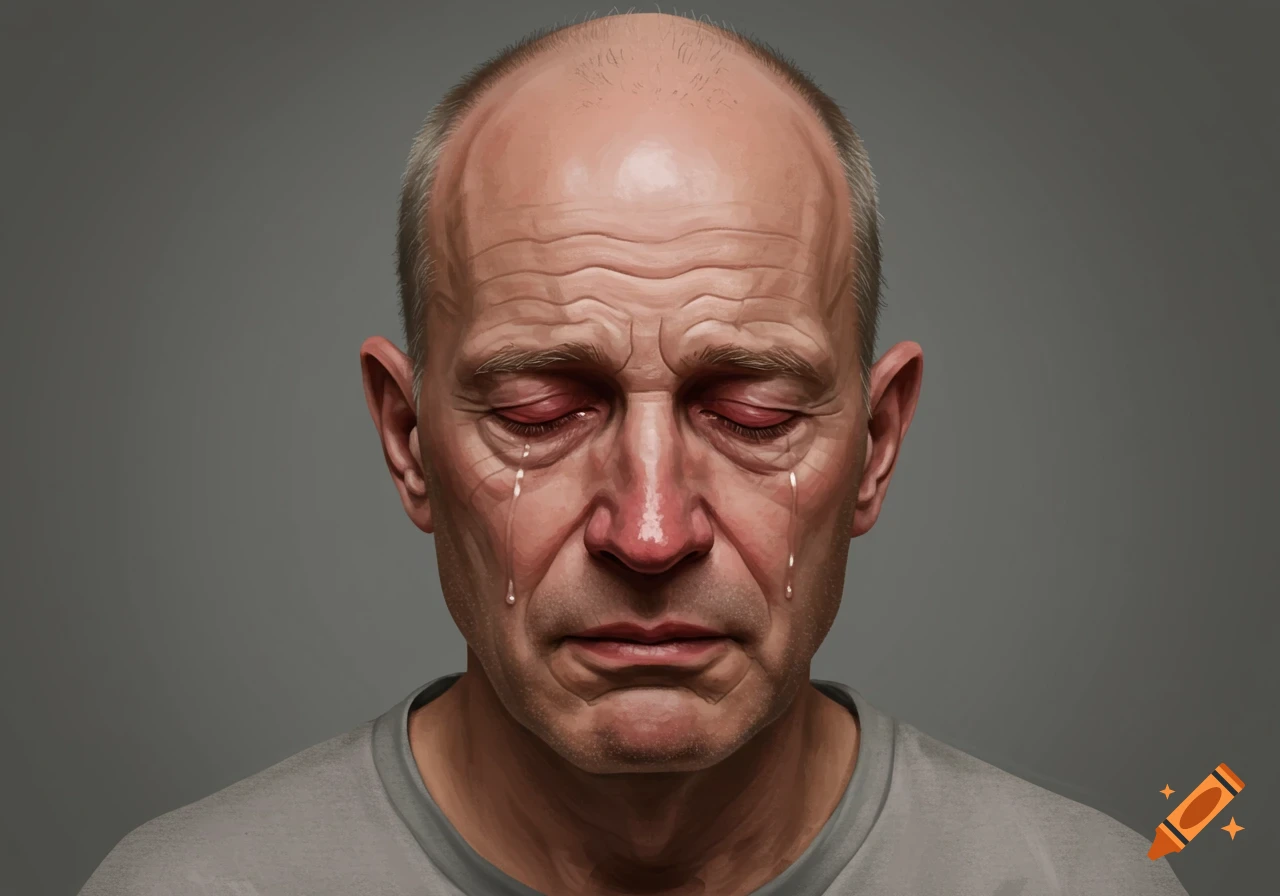 Detailed digital painting of a balding man crying with tears streaming down his face and red eyes.