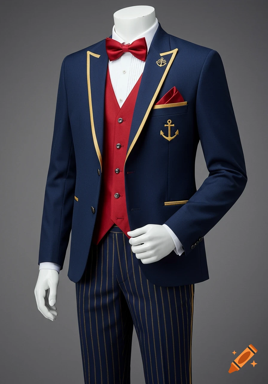 Mannequin wearing a midnight blue tuxedo with gold piping, red vest, red bowtie, gold anchor details, and gold-striped trousers, in a clean studio shot.