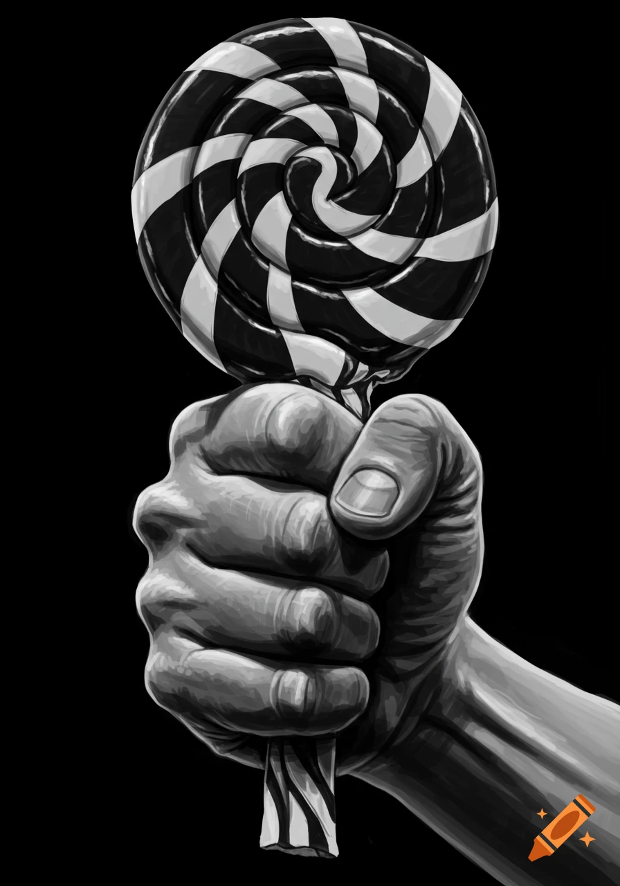 A clenched hand holds a black and white spiral lollipop against a black background, rendered in a stylized, illustrative manner.