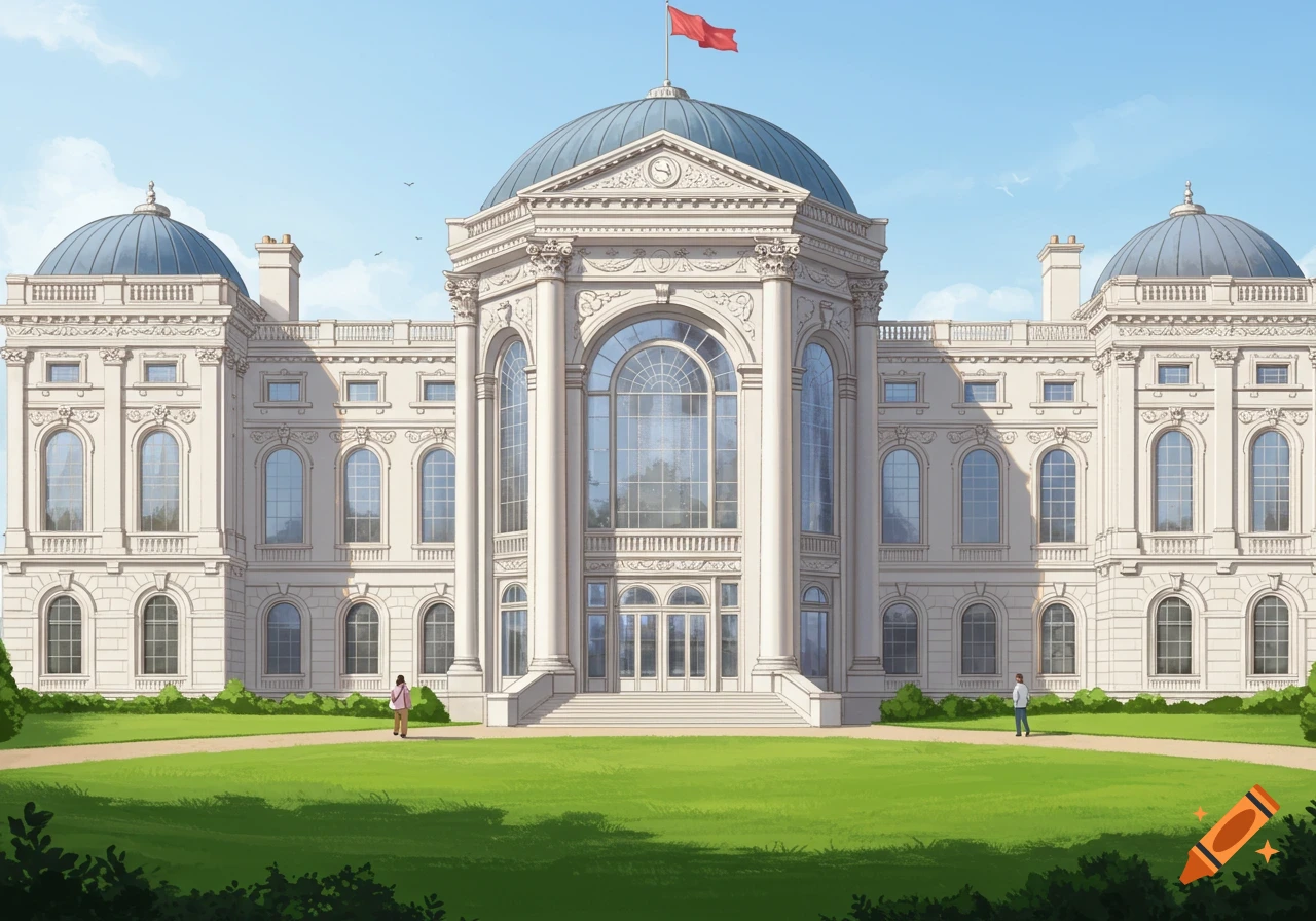 A grand, light-colored palace with a blue dome and red flag stands on a lush green lawn under a clear blue sky. Two small figures walk on the paths.