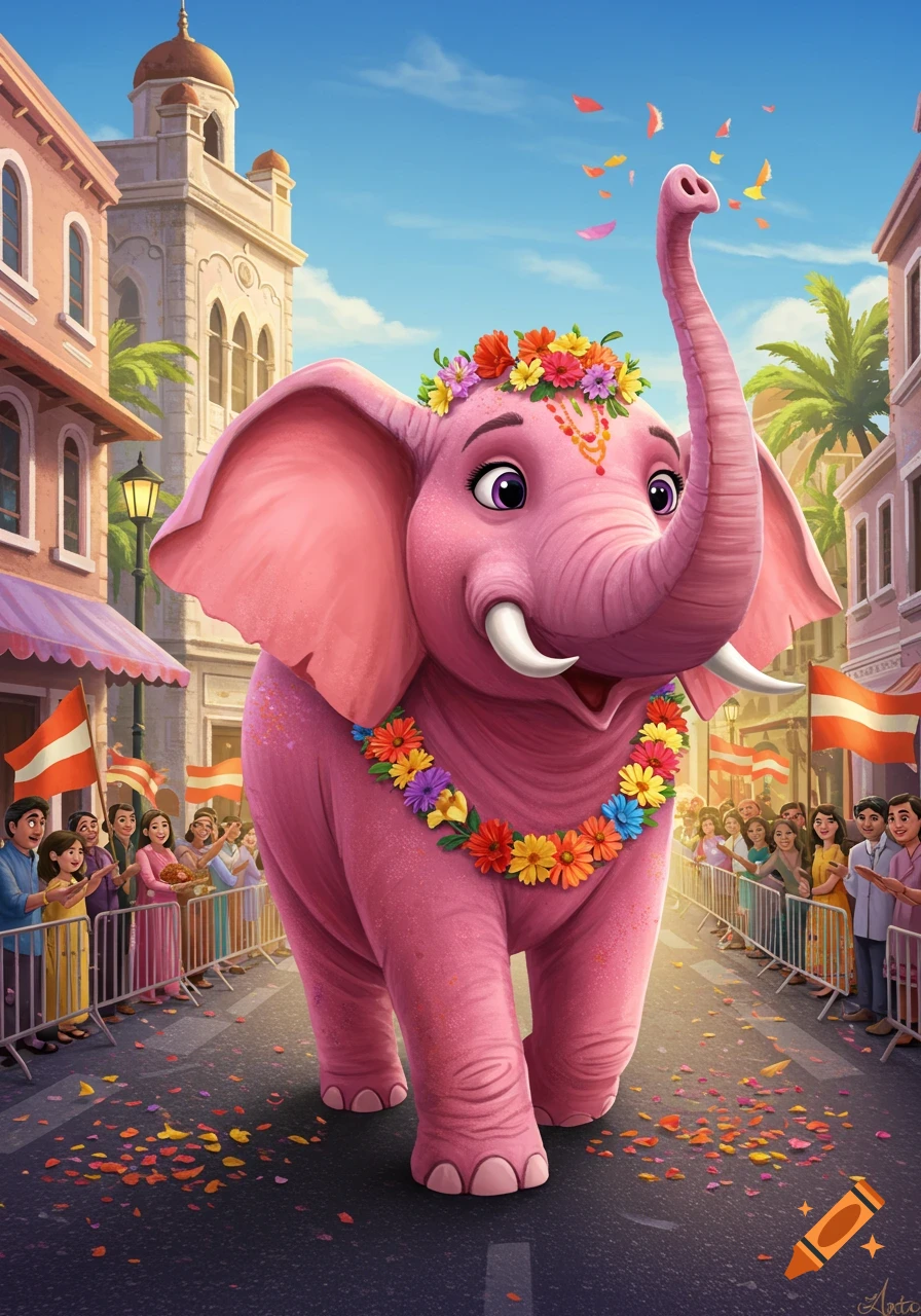 A cheerful pink elephant adorned with flowers parades down a street lined with cheering crowds and buildings, in a vibrant cartoon style.