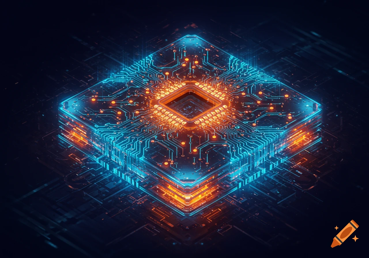 A futuristic glowing circuit board or processor with bright blue and orange lights, set against a dark, abstract background.