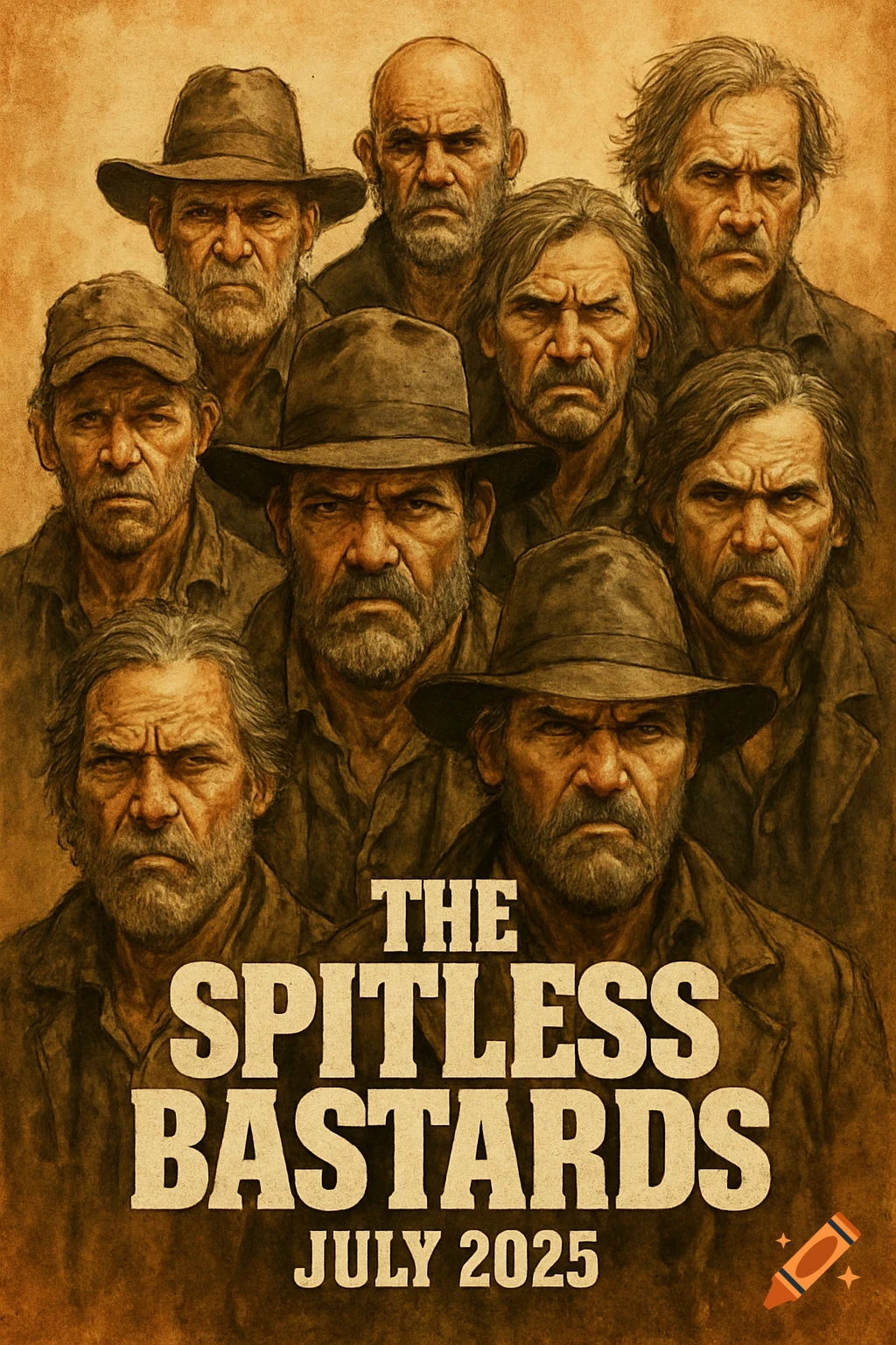 Movie poster for 'The Spitless Bastards' showing 8 grizzled men with stern expressions in a sepia-toned, painterly style, with 'July 2025'.