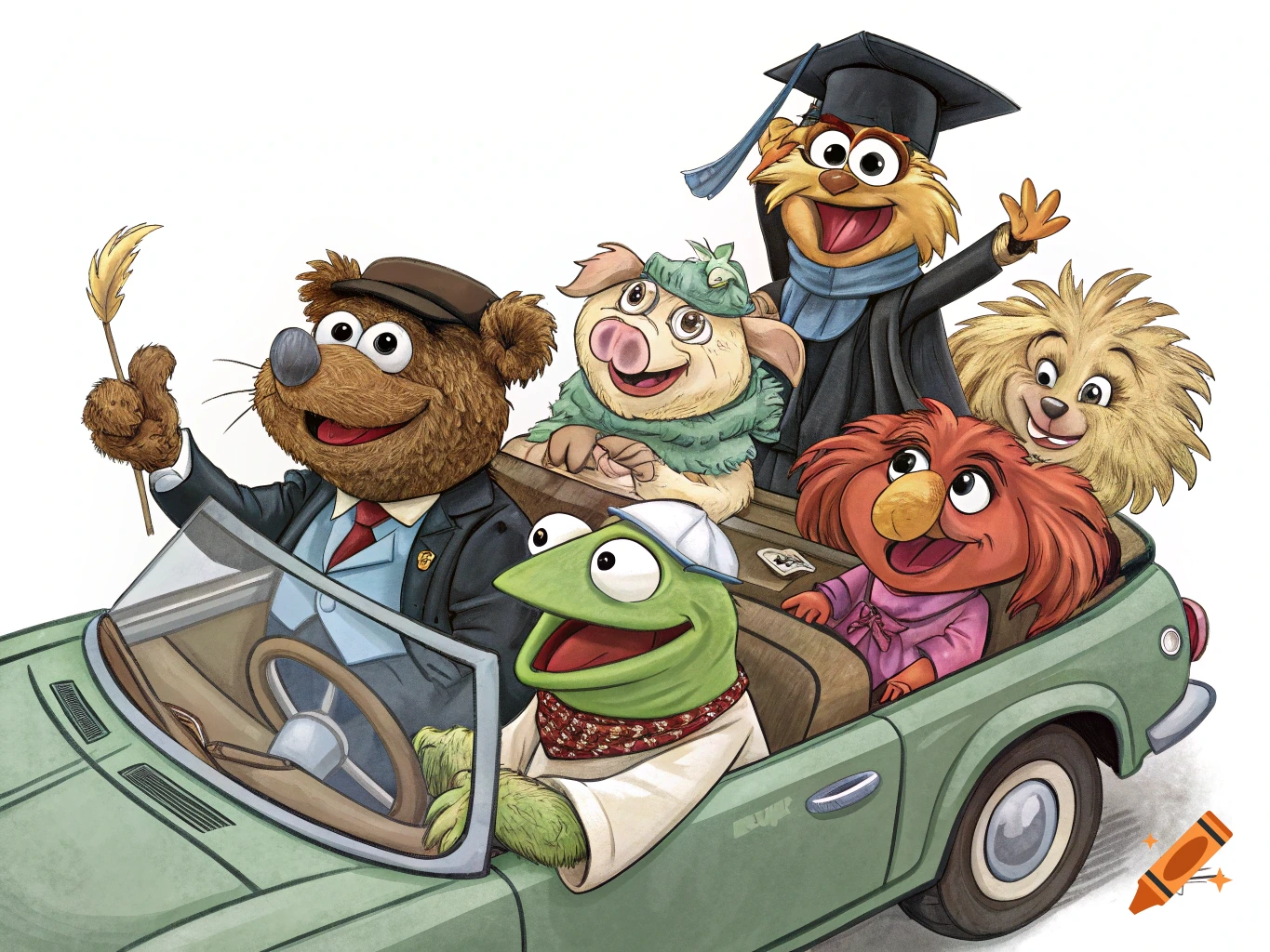 Cartoon illustration of various Muppet-like characters riding in a green convertible car on a white background.