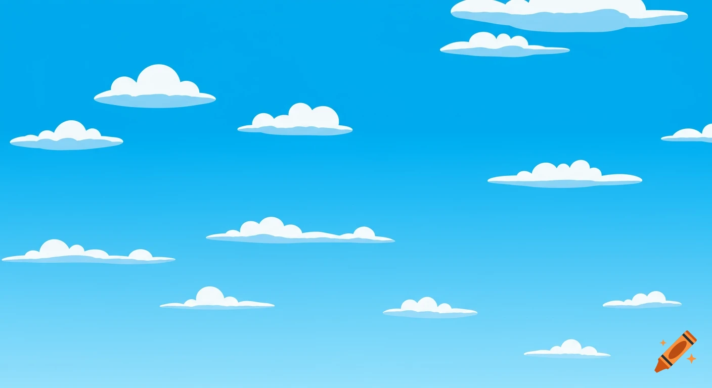 A bright blue sky with scattered soft white cartoon clouds.