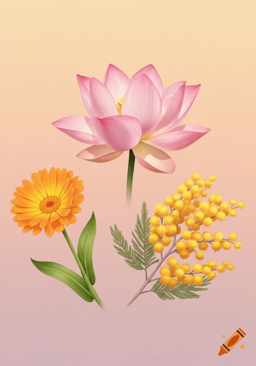 A vibrant pink lotus, an orange calendula, and yellow mimosa flowers are arranged on a soft pastel gradient background.