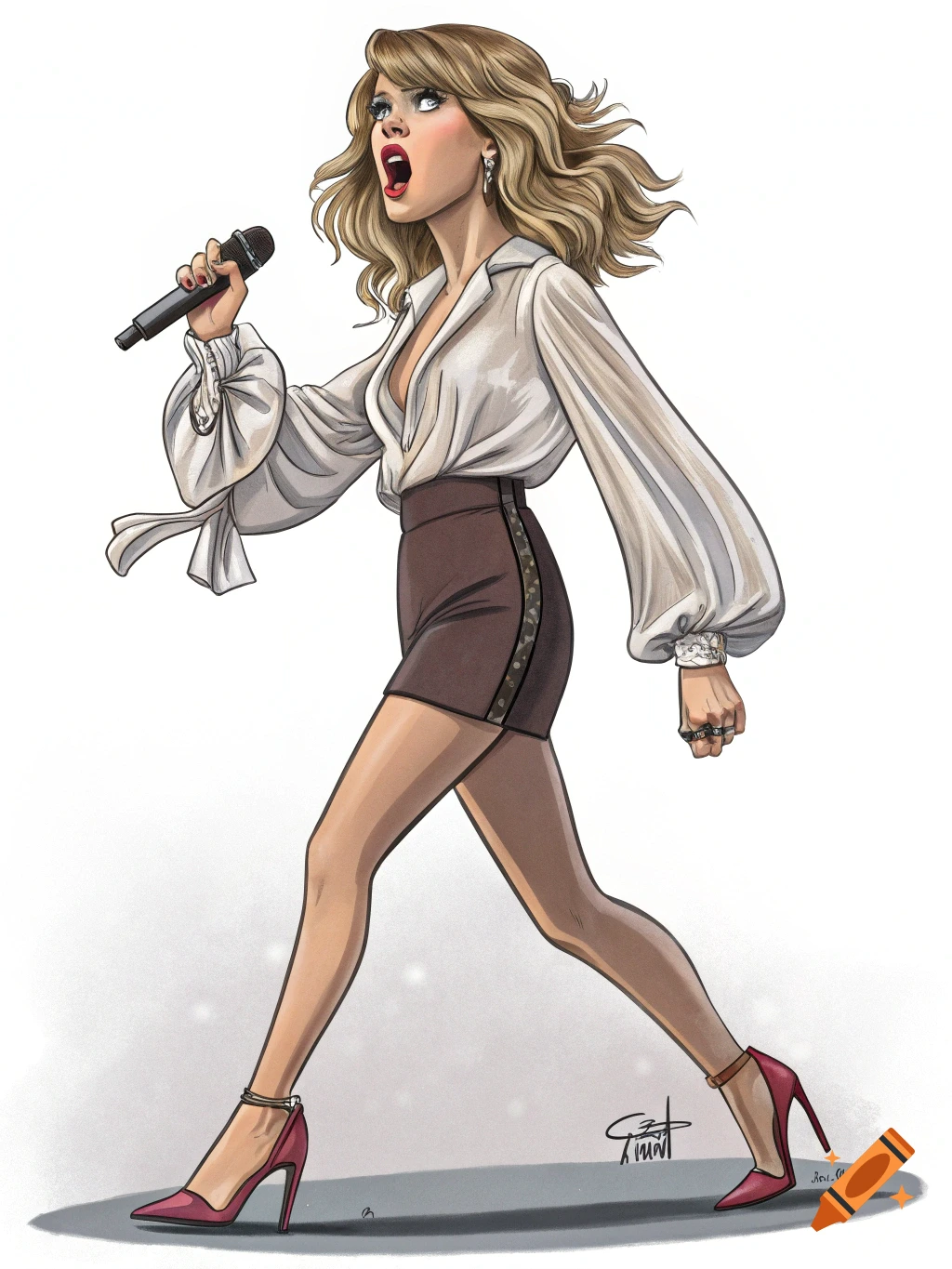 Cartoon caricature of Taylor Swift performing with a microphone, wearing a white blouse and brown skirt.