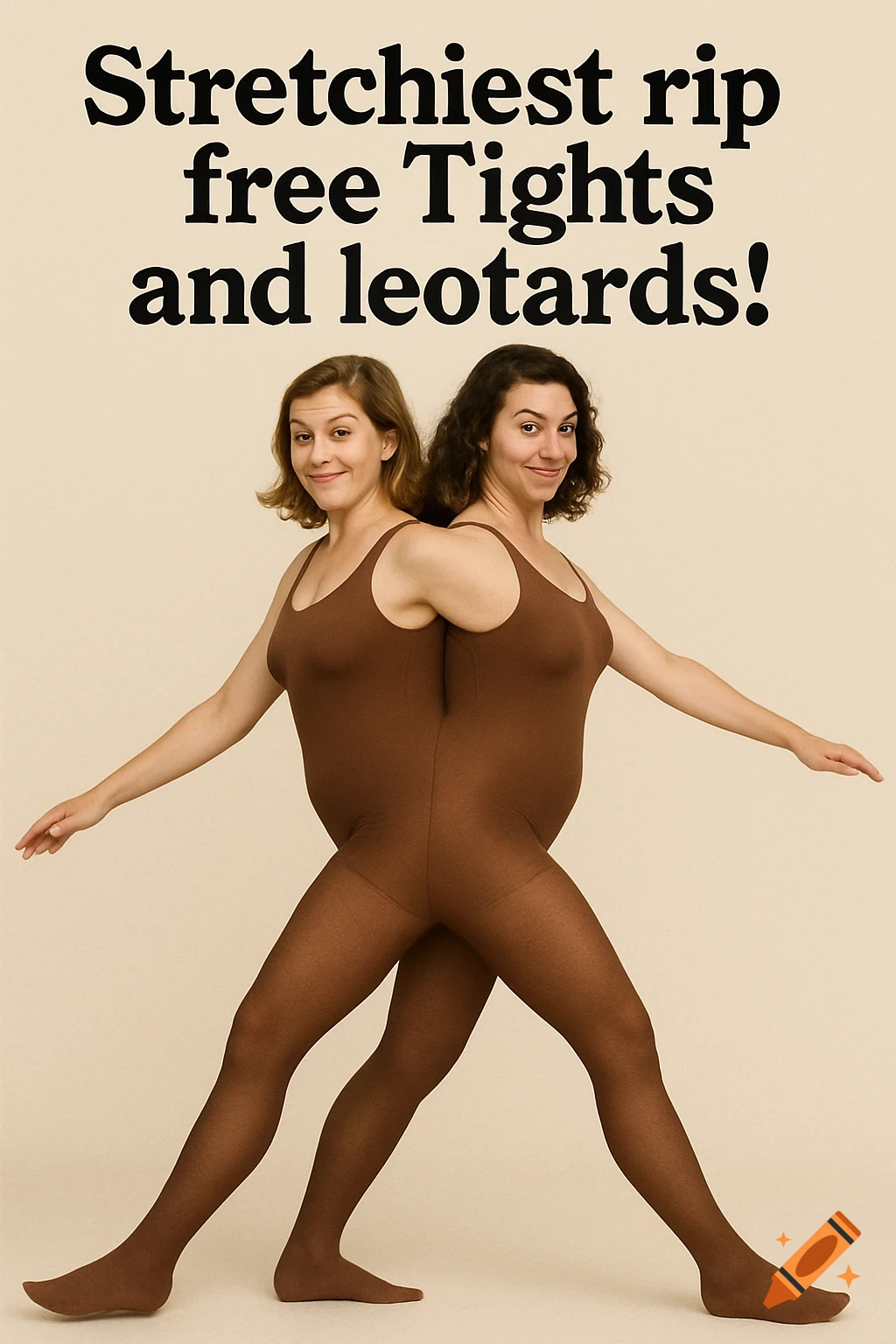 Two women, conjoined at the back, wear a single brown leotard and tights, smirking at the camera. Text says 'Stretchiest rip free Tights and leotards!'. Photorealistic.
