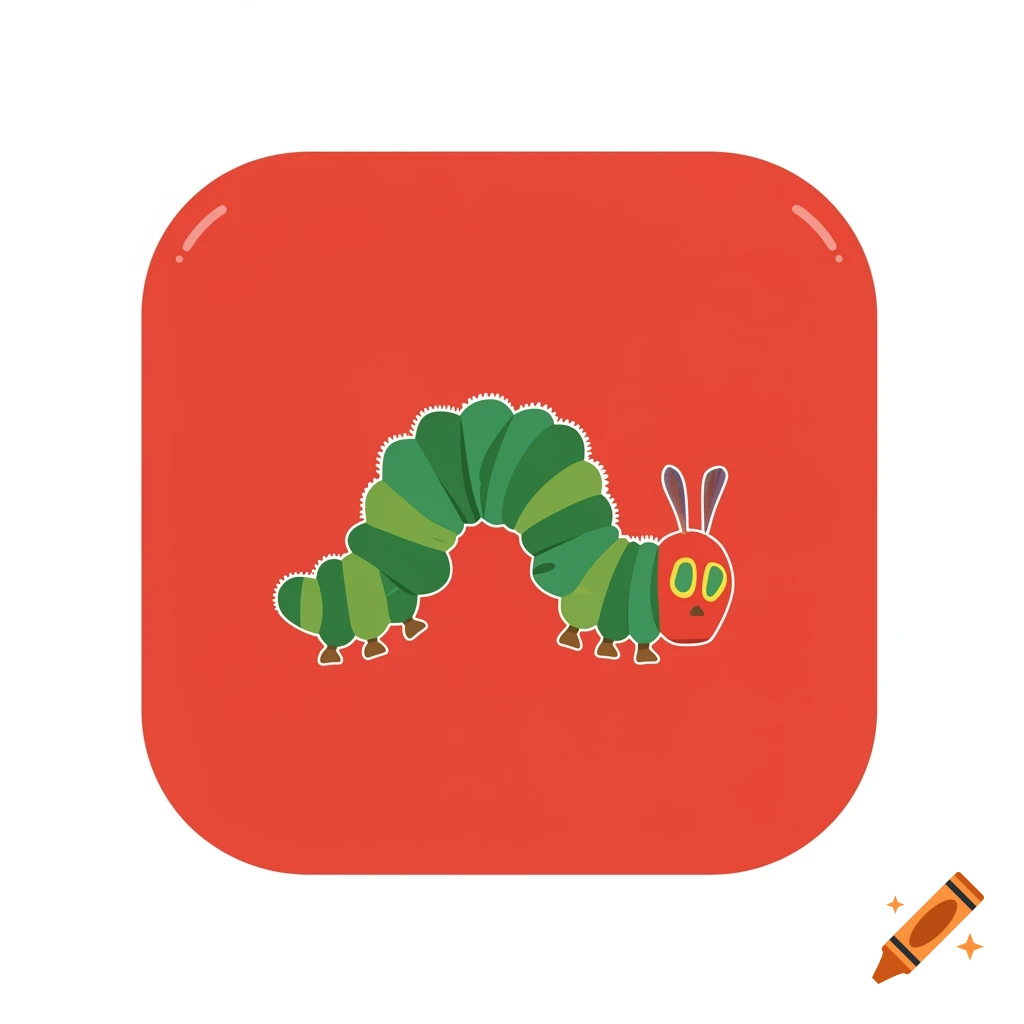 A stylized green caterpillar with a red head and orange eyes on a rounded red square, designed as an app icon.