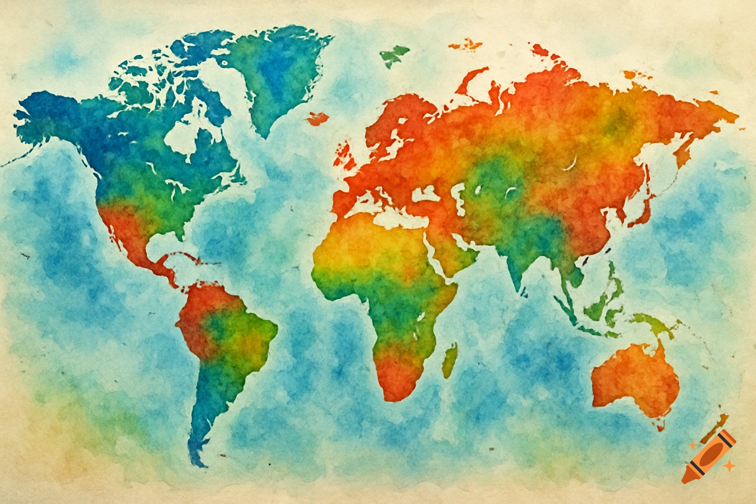 A watercolor world map with continents depicted in vibrant rainbow colors against a blue ocean background.