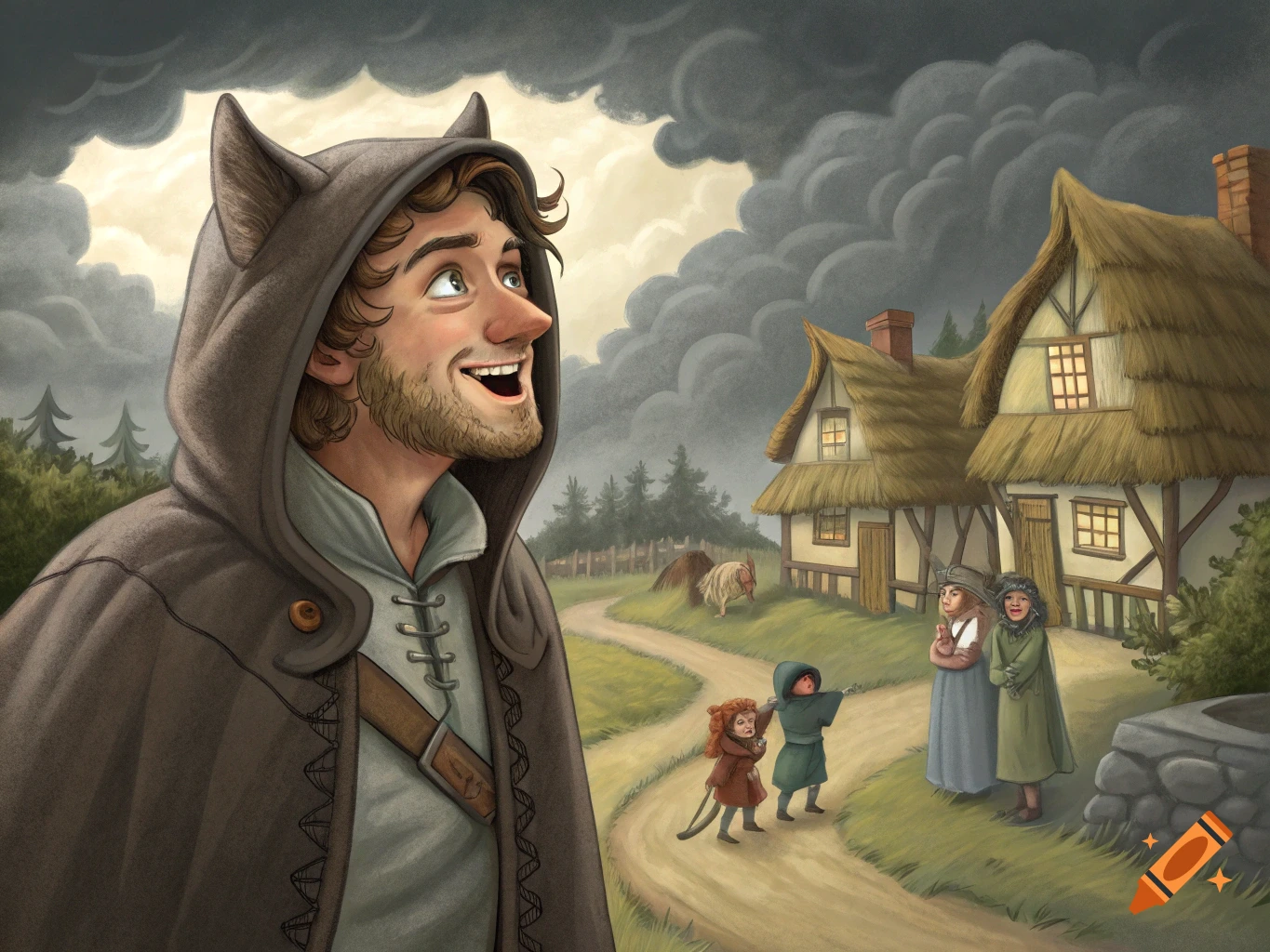 An illustrative painting of a smiling man with a beard and cat ears on his hood, looking up, with a medieval village and stormy sky in the background.