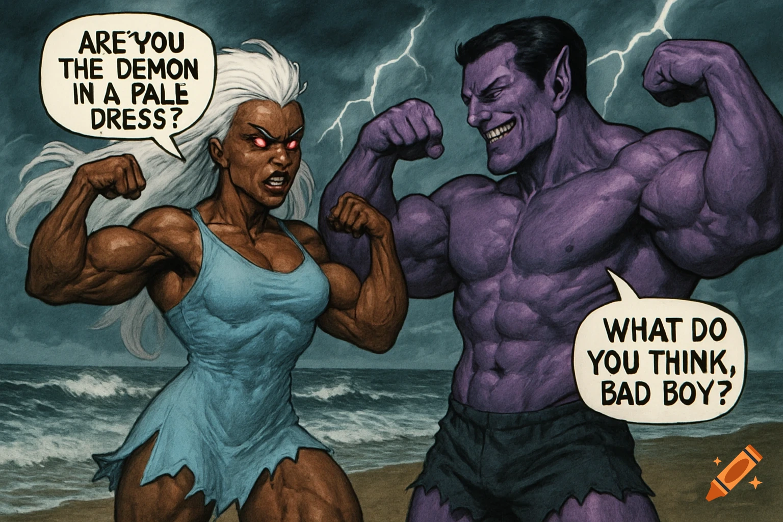 A muscular woman resembling X-Men's Storm in a ripped blue dress and a muscular purple man flexing their biceps on a stormy beach, with speech bubbles.