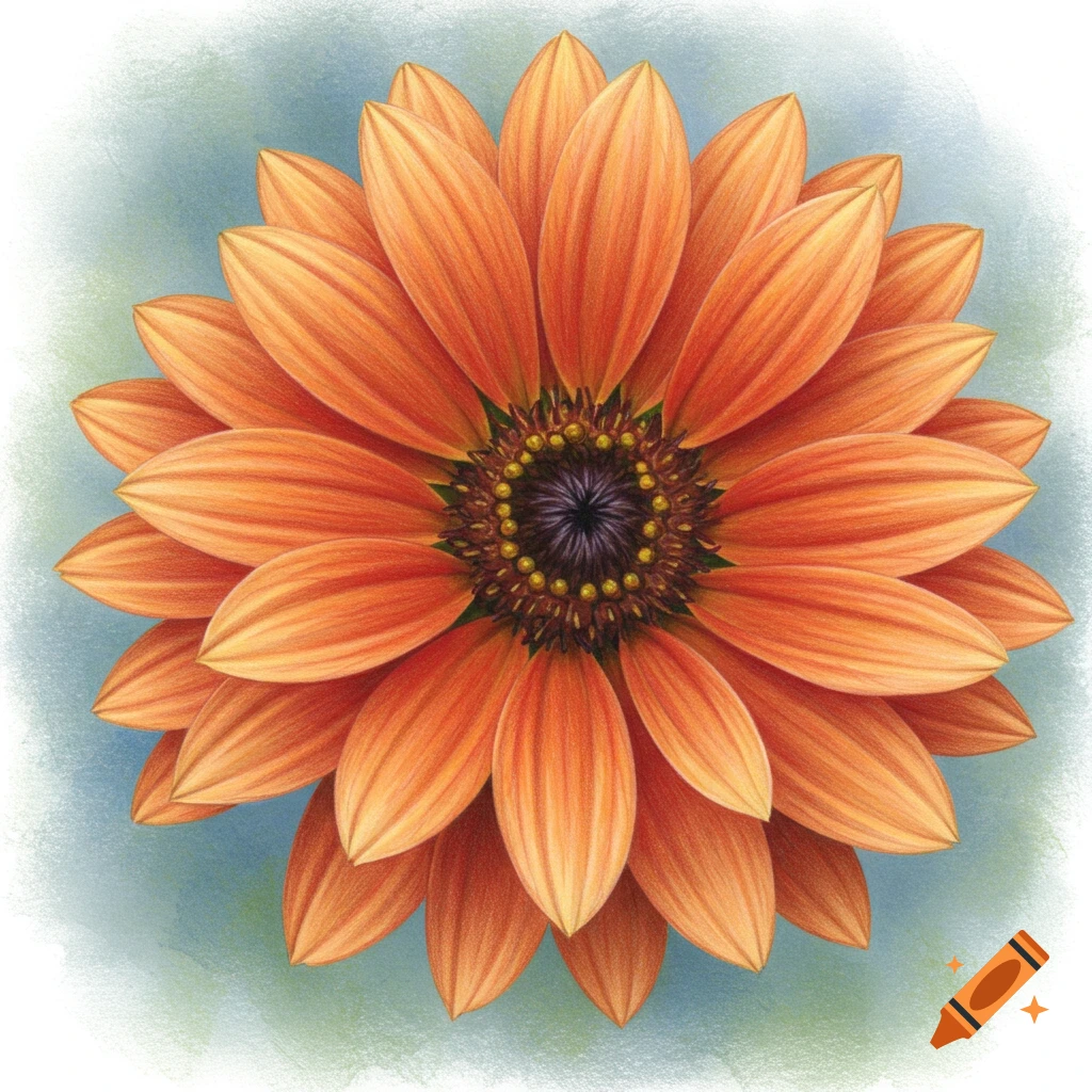 A detailed drawing of an orange flower with a dark center against a blue and white background.