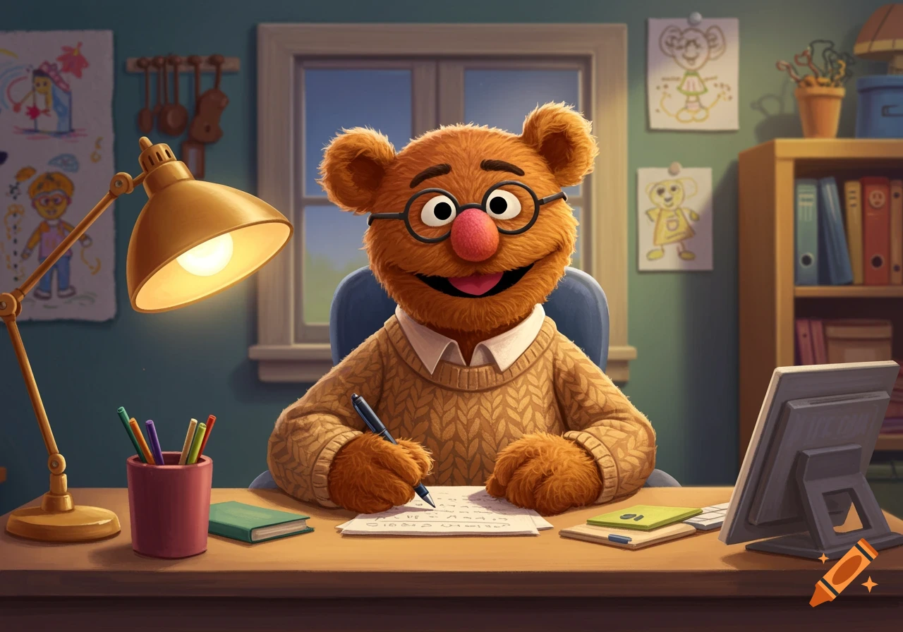 Fozzie Bear, a brown furry muppet with glasses and a sweater, sits at a  desk under a bright lamp, writing on a piece of paper. on Craiyon, image size:1280x896