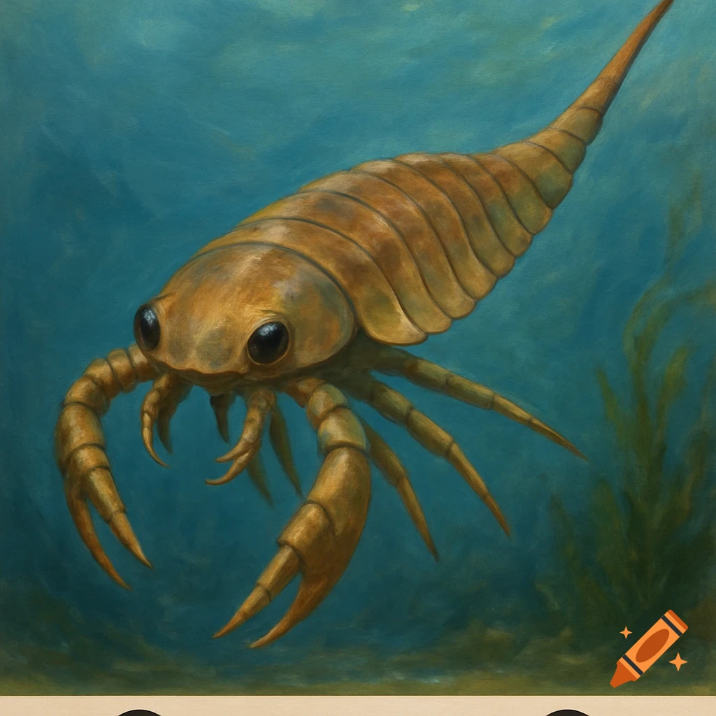 An ancient, golden-brown sea creature resembling a eurypterid with multiple legs and claws swims in blue water.