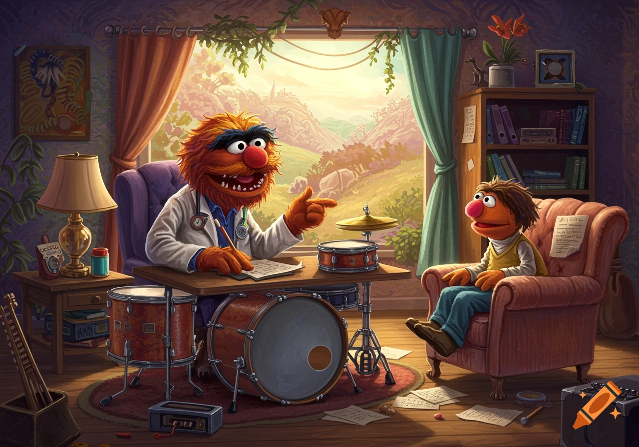 Animal from Sesame Street, dressed as a therapist, sits at a desk with drum parts while talking to a Muppet resembling Ernie in an armchair, in a detailed, colorful room with a window view.