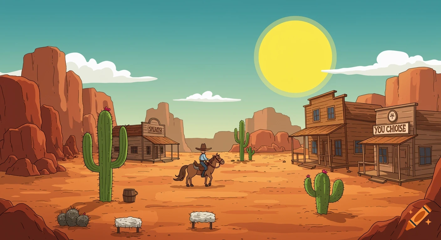 A cartoon desert landscape with red rock formations, a cowboy on a horse, and two wooden buildings, one with "SALOON" and another with "YOU CHOISE" on its sign, under a large yellow sun.