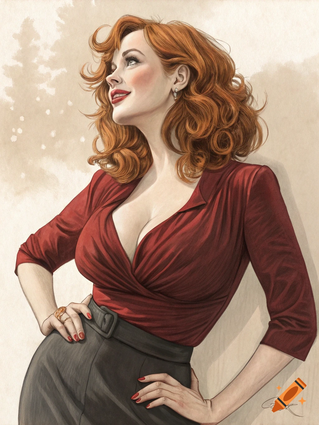 An illustration of a woman with red hair and a red top, smiling and looking up and to the left.