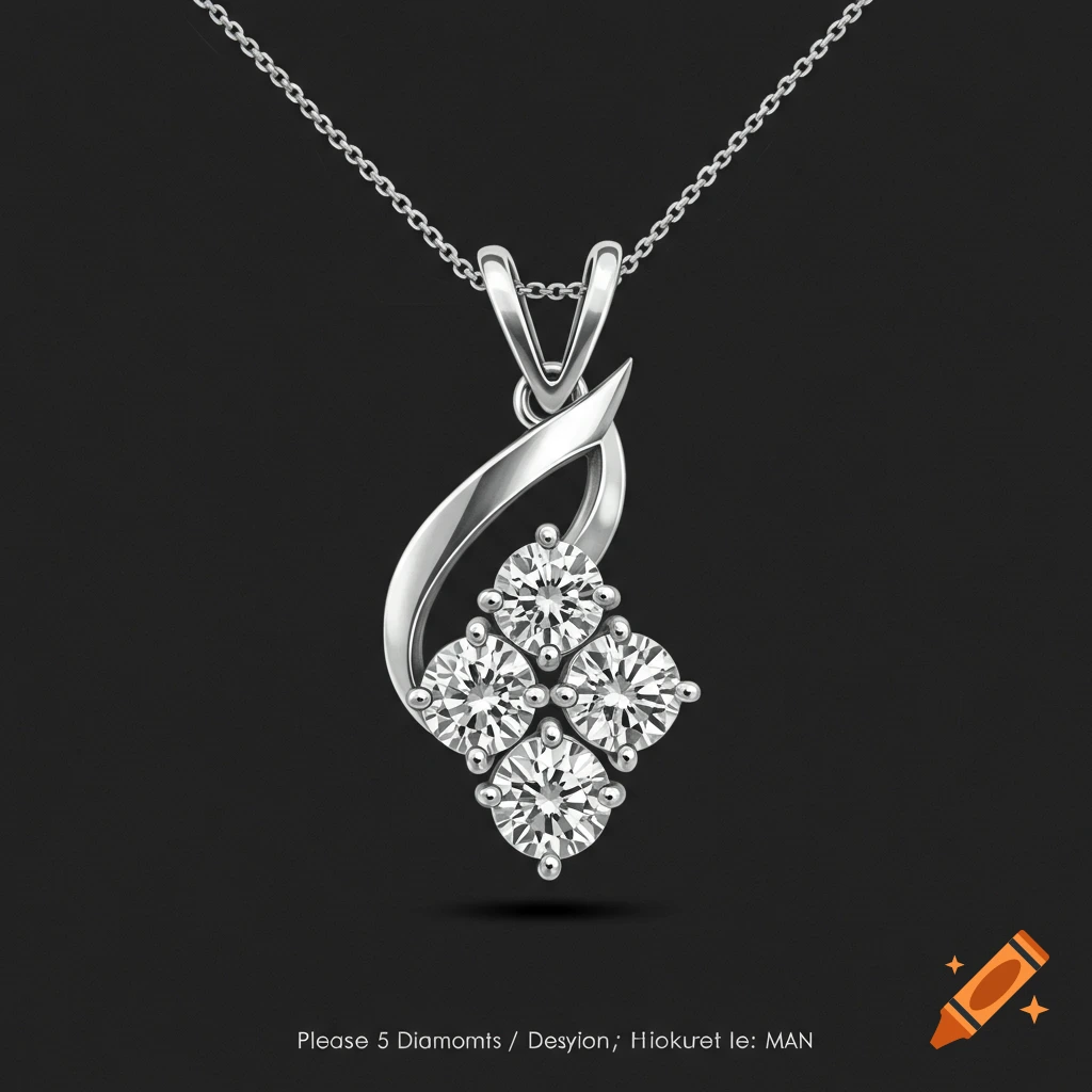 A white gold pendant with four round diamonds on a delicate silver chain, against a dark background.