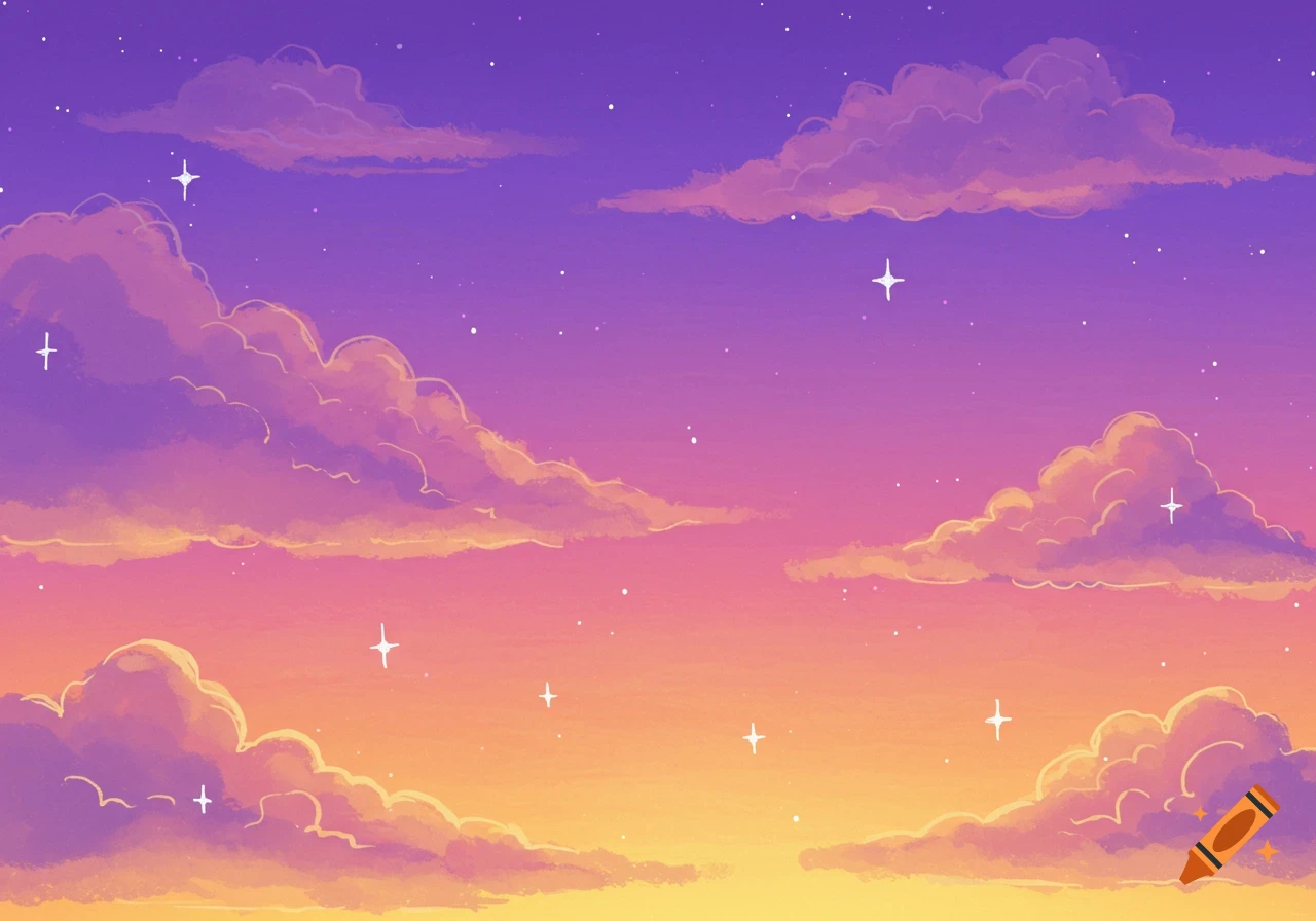 A hand-drawn illustration of a sky with purple, pink, orange, and yellow hues, filled with soft clouds and sparkling white stars.
