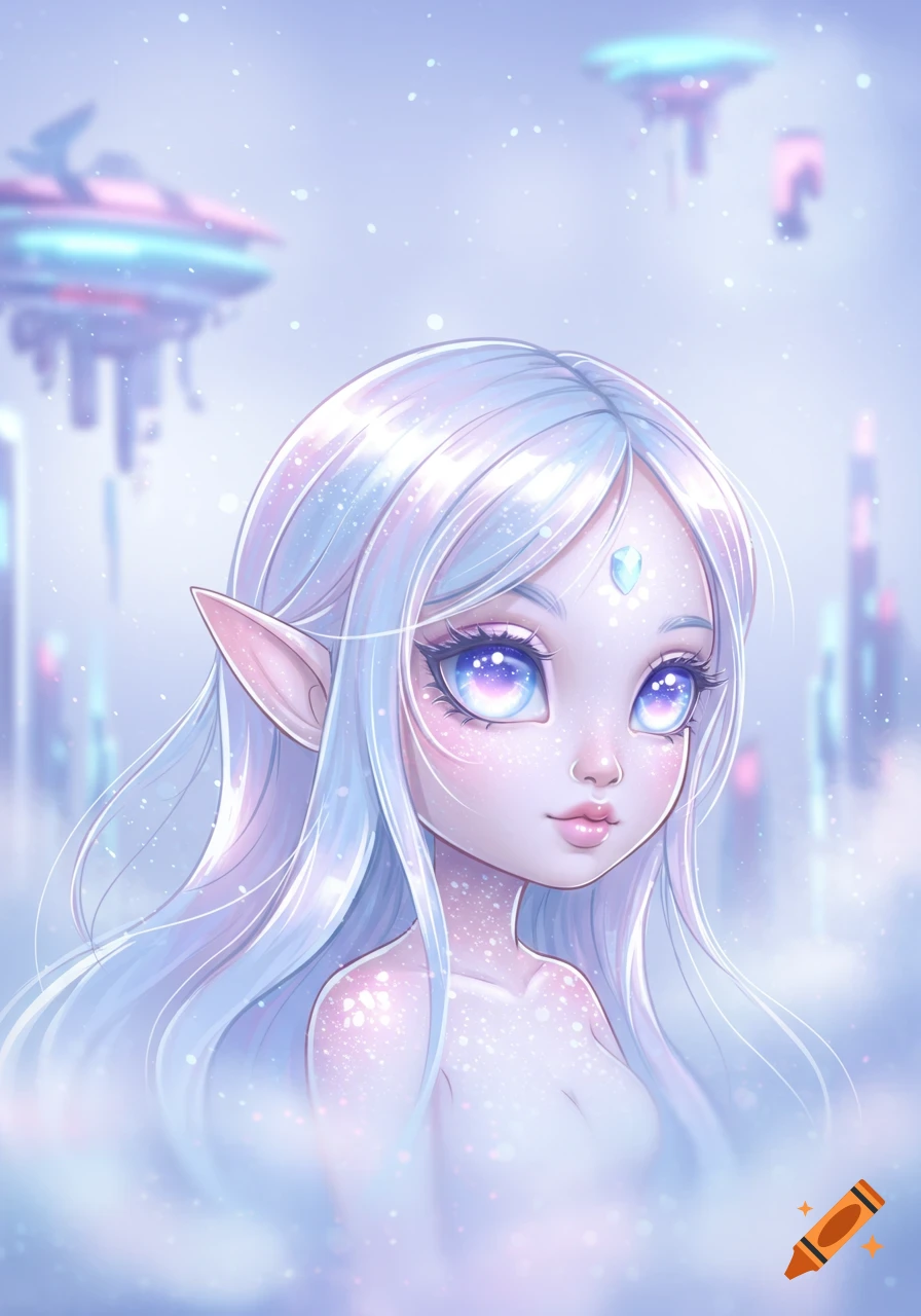 A dreamy, surreal portrait of a chibi alien girl with long pastel hair, large glowing eyes, and shimmering skin, in a soft futuristic setting with floating structures and mist.