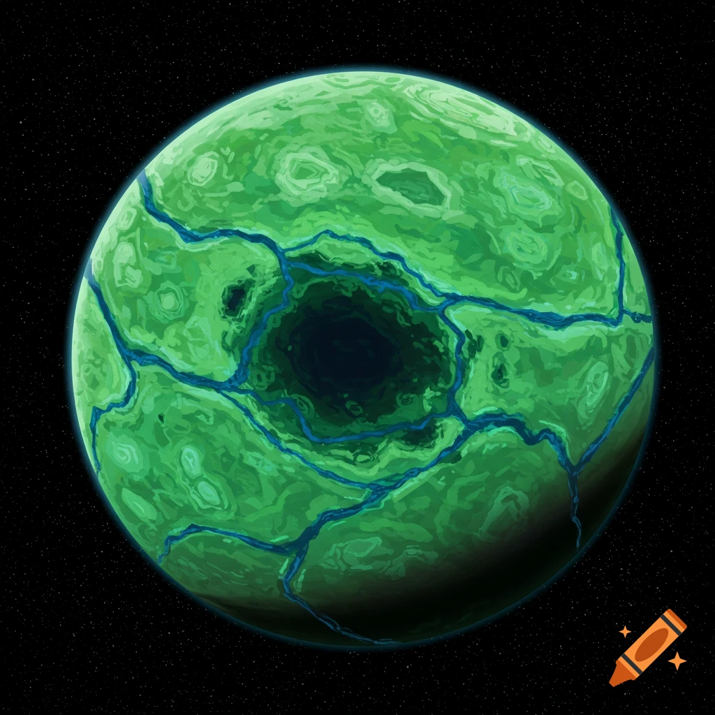 A green planet with blue, crack-like rivers and a large dark central spot, set against a black starry sky. Illustrated style.