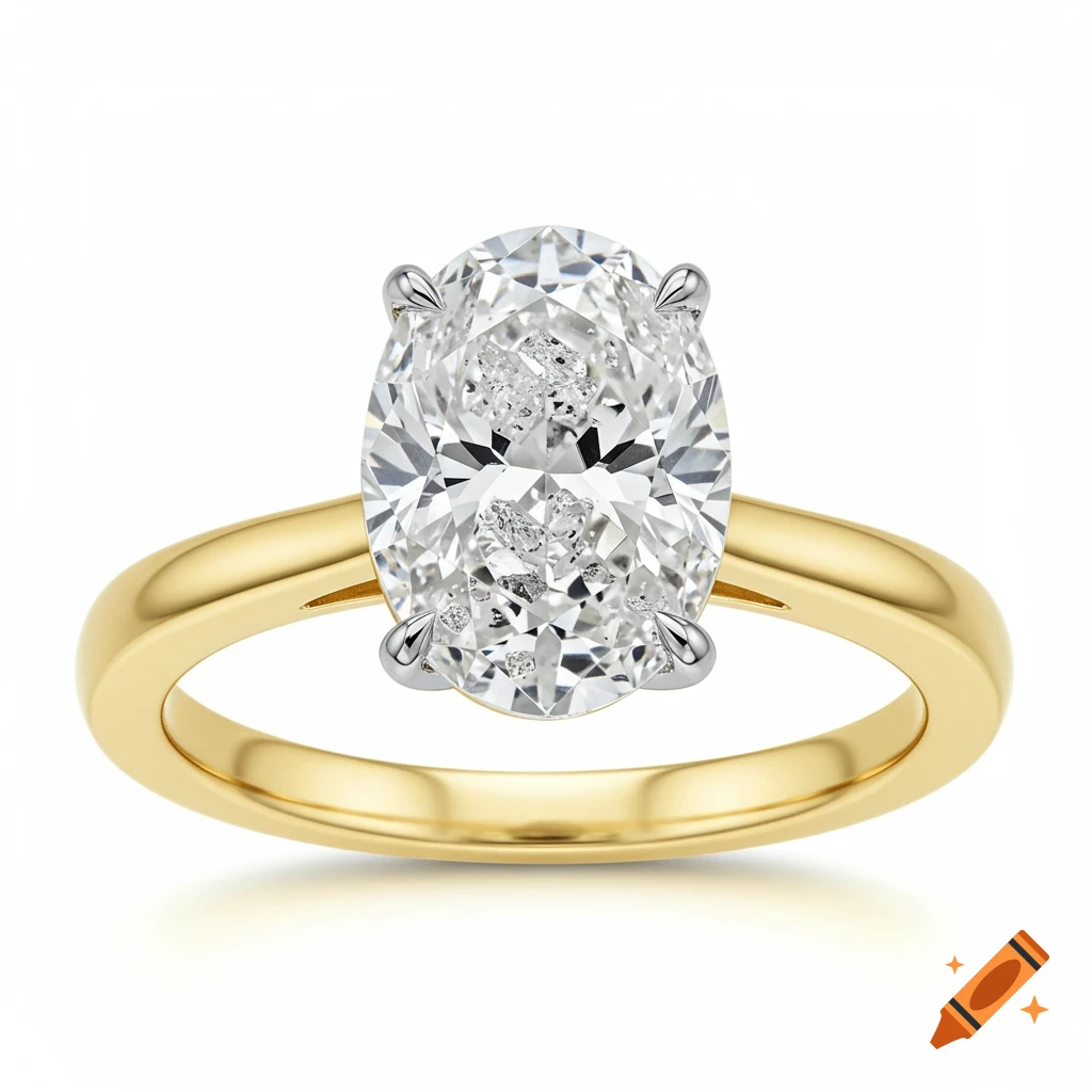 A sparkly oval diamond engagement ring with a yellow gold band and white gold prongs on a white background.