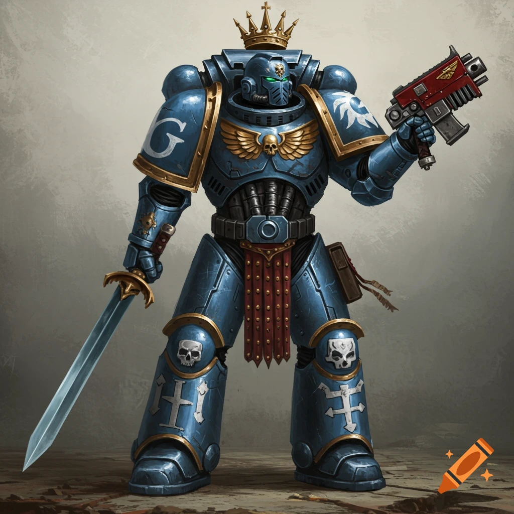 A blue armored Warhammer 40,000 Space Marine with gold trim and a crown, holding a sword and a futuristic gun, standing in an epic pose.