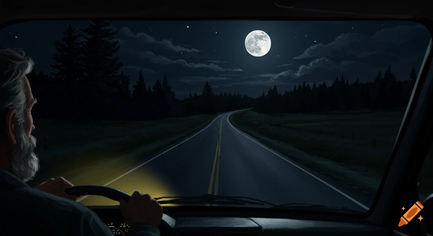 A person with a beard drives a vehicle down a winding road through a dark forest under a bright full moon at night, in an illustrative style.