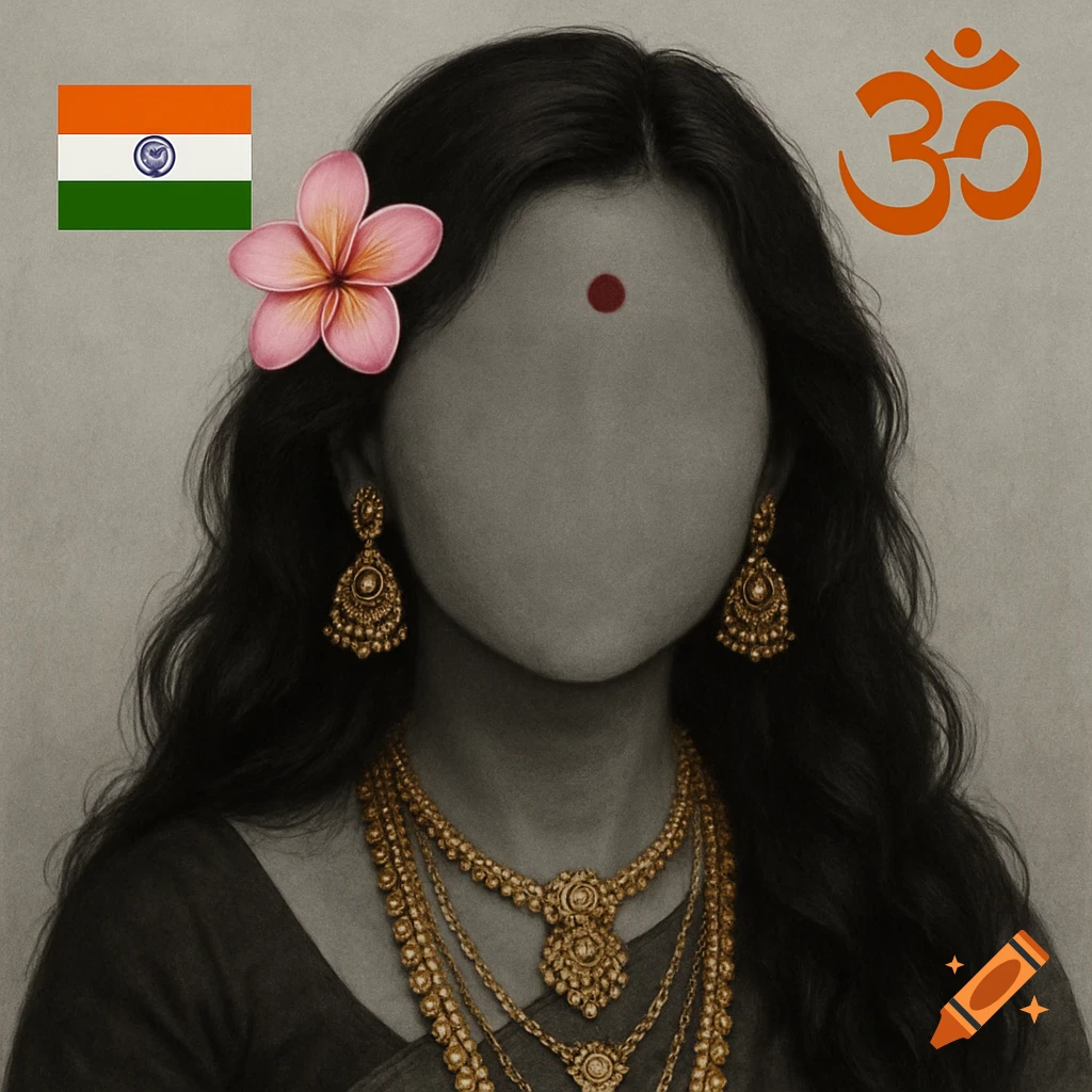 A stylized portrait of a woman with a blurred face, long wavy hair, traditional gold Indian jewelry, and a bindi, adorned with a pink plumeria flower, an Indian flag, and the Om symbol.