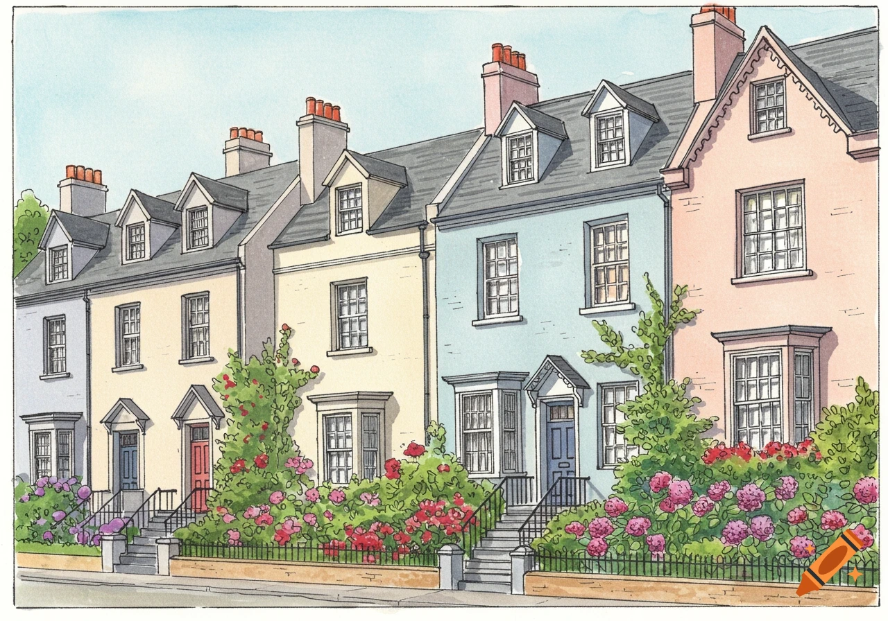 A hand-drawn watercolor illustration of a row of pastel-colored houses with colorful flowery gardens in front.