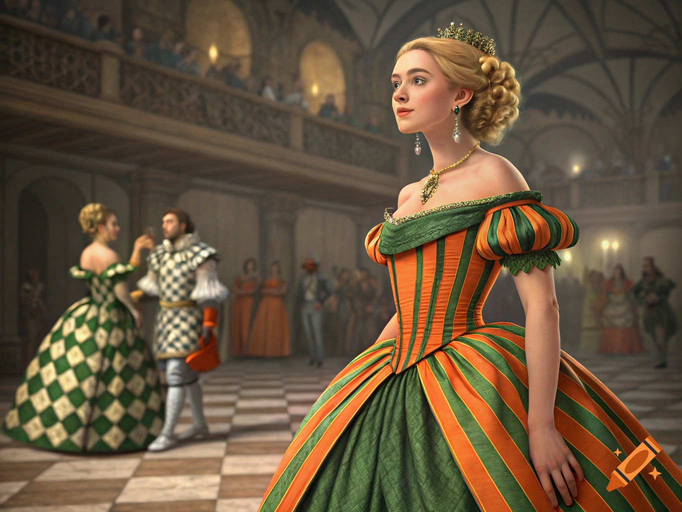 A woman in a vibrant orange and green striped ball gown and a crown stands in a grand ballroom, looking to her right.