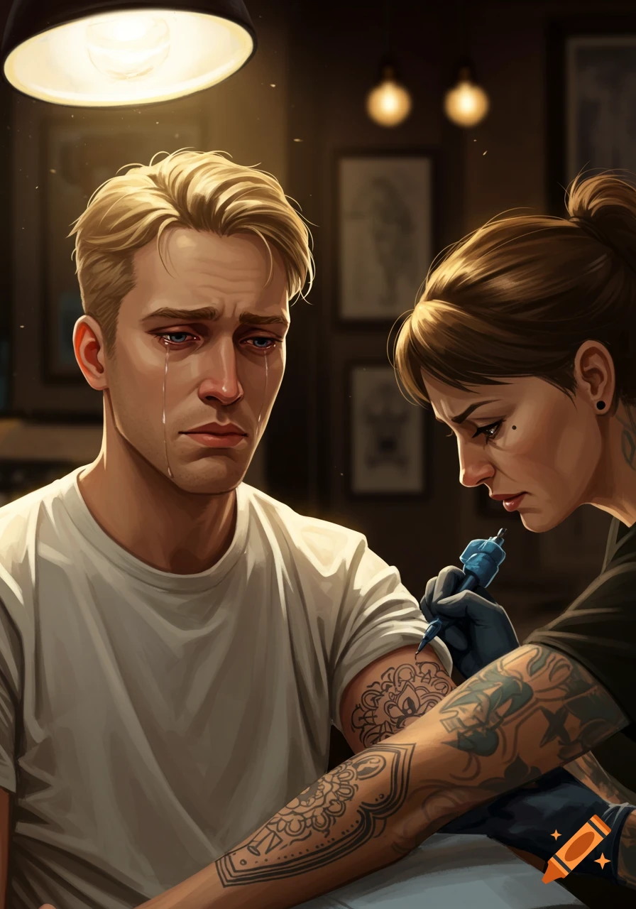 A blonde man with tears in his eyes gets a tattoo from an artist in a dimly lit shop.