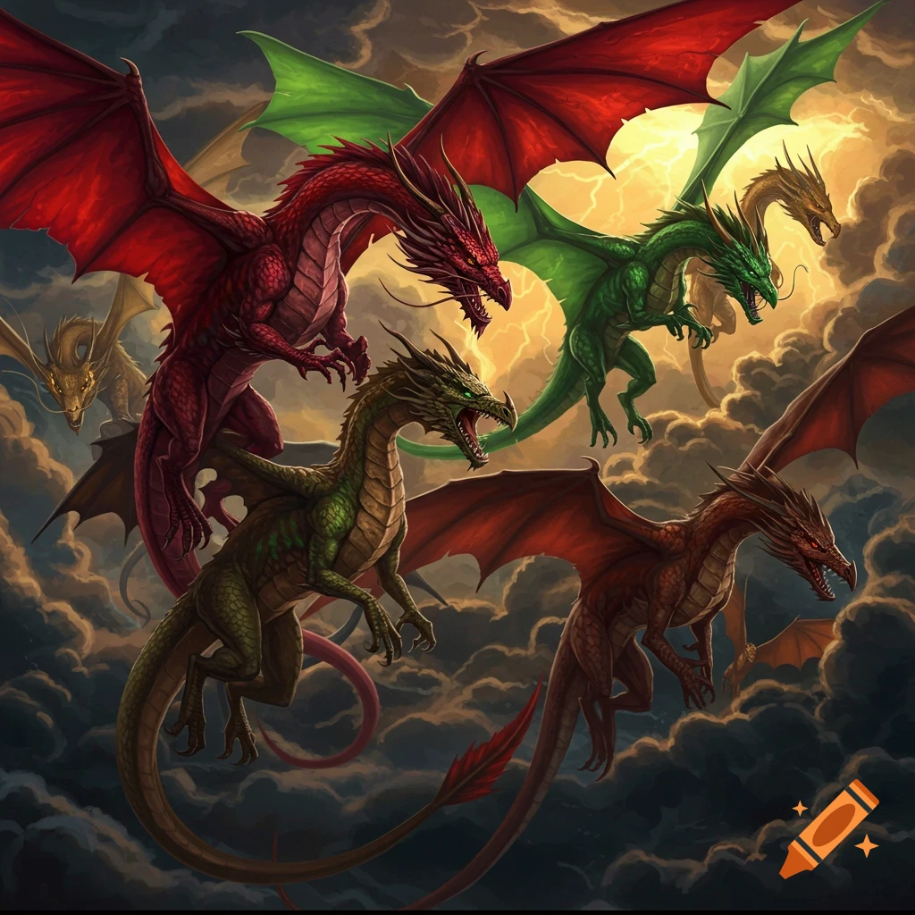 Multiple colorful dragons flying through stormy, cloud-filled skies with lightning.