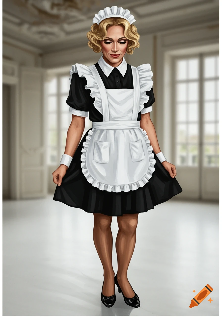 An illustration of a transgender person in a French maid uniform, standing in a room and looking down.
