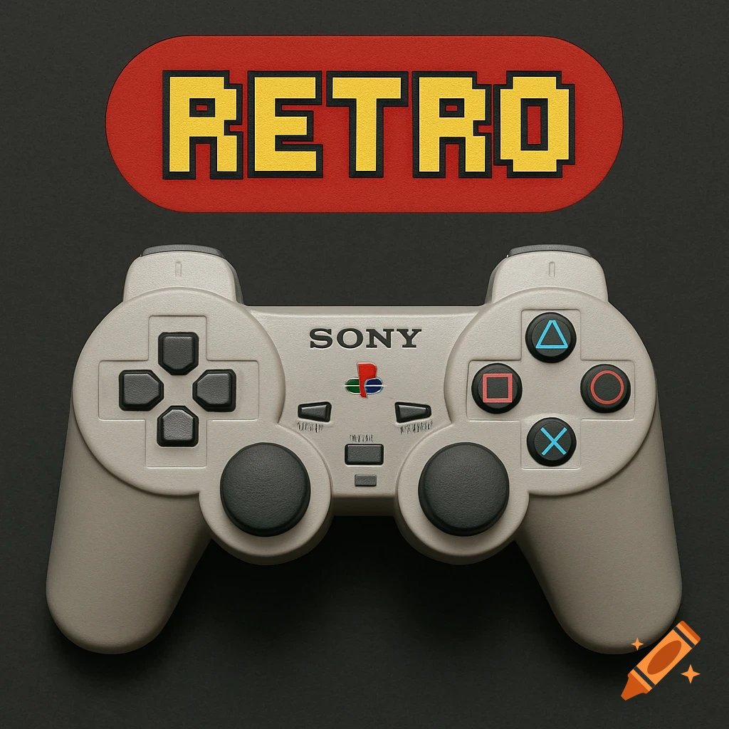A retro PlayStation 1 controller with a red pixelated banner above it reading 'RETRO' in yellow.