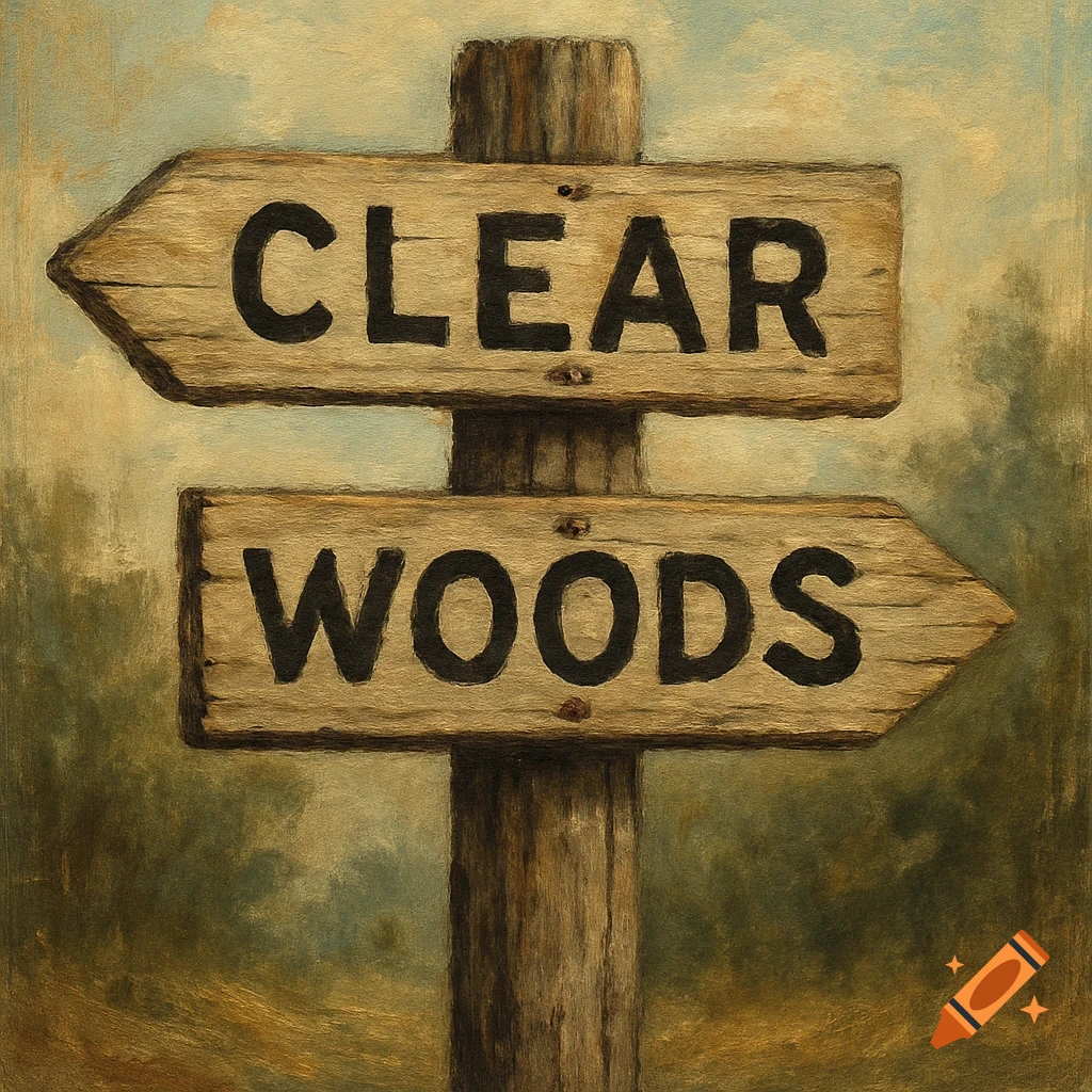 An old wooden signpost with two signs. One points left saying 'CLEAR ...