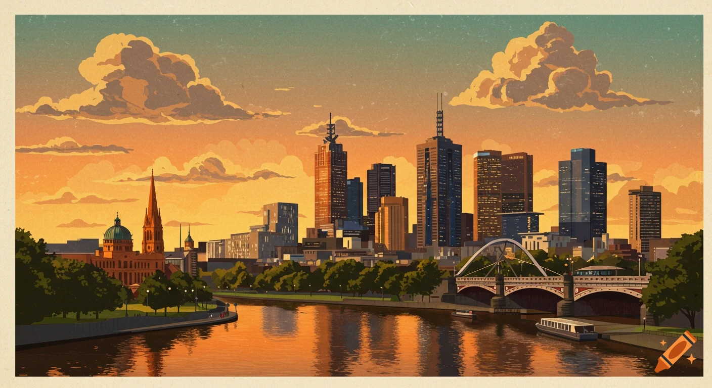 Vintage-style illustration of Melbourne skyline at sunset, with a river and bridge in the foreground.