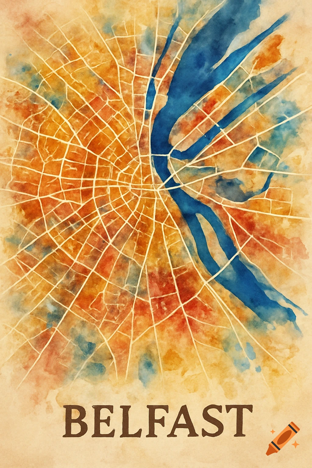 Watercolor map of Belfast city with orange, red, and blue tones, showing a river and radial street patterns.