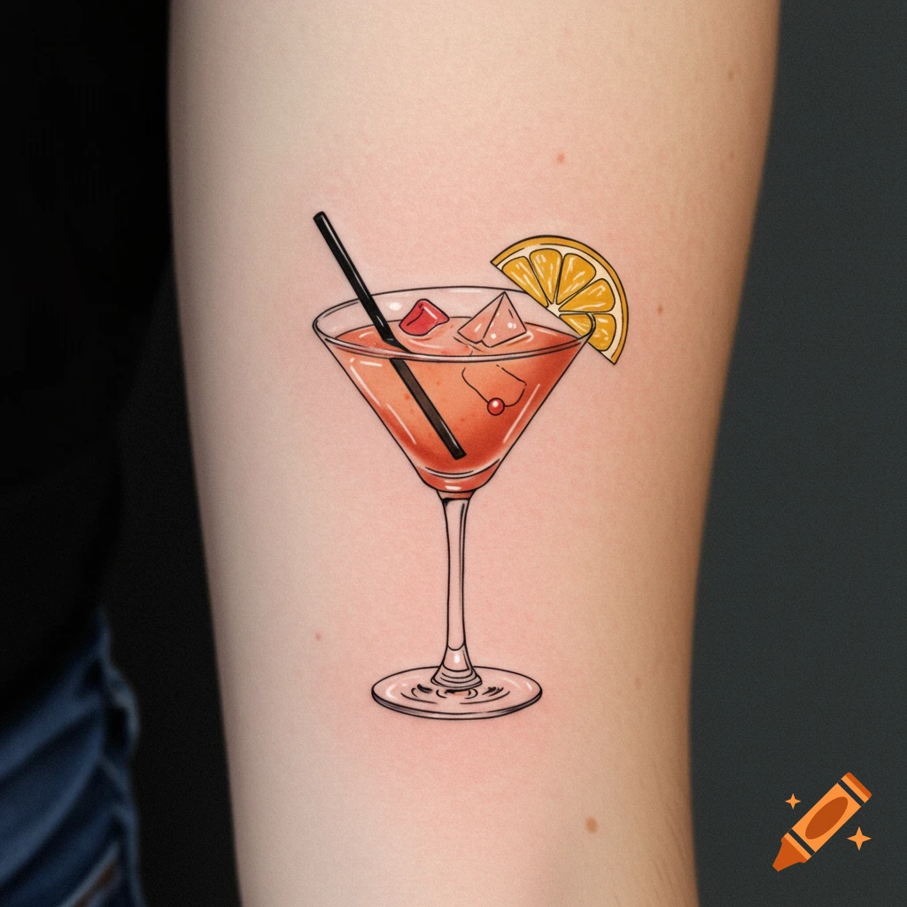 A minimalist tattoo of a cocktail glass with ice, a straw, and a lemon slice on a person's arm.