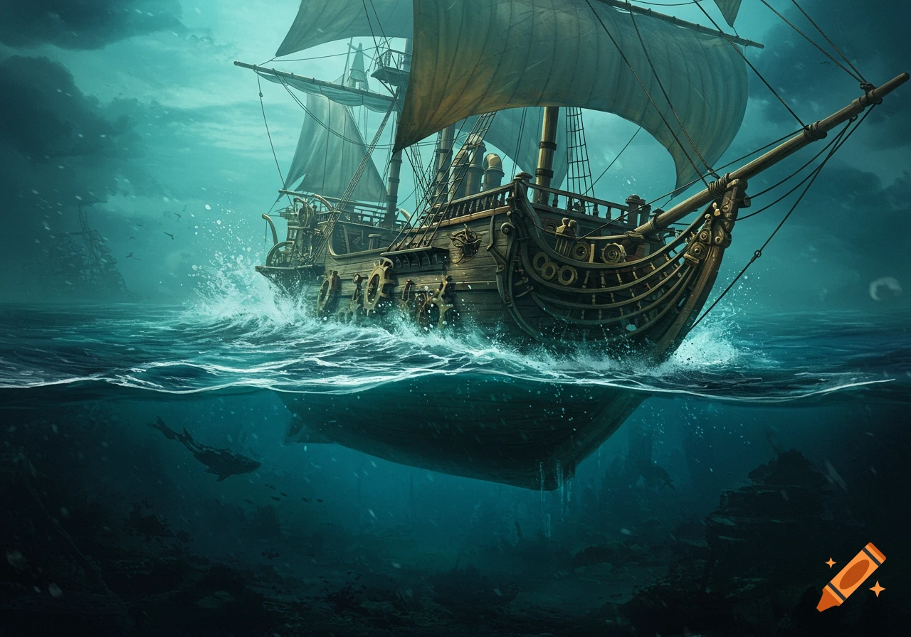 A detailed steampunk sailing vessel partially submerged in a turbulent turquoise ocean, with its hull visible underwater.