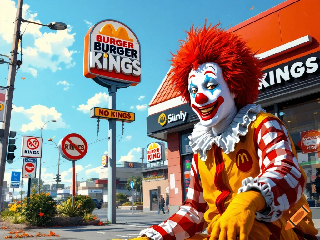 A smiling Ronald McDonald sits on a street in front of a building with a "BURGER BURGER KINGS" sign and a large "NO KINGS" sign, in a photorealistic style.