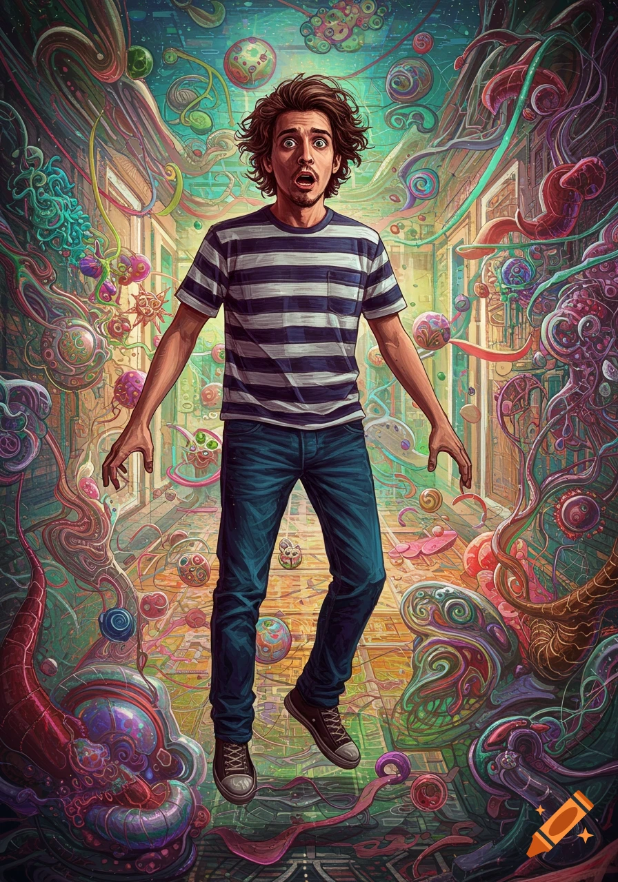 A man with a shocked expression floats in a vibrant, surreal hallway filled with swirling psychedelic shapes.