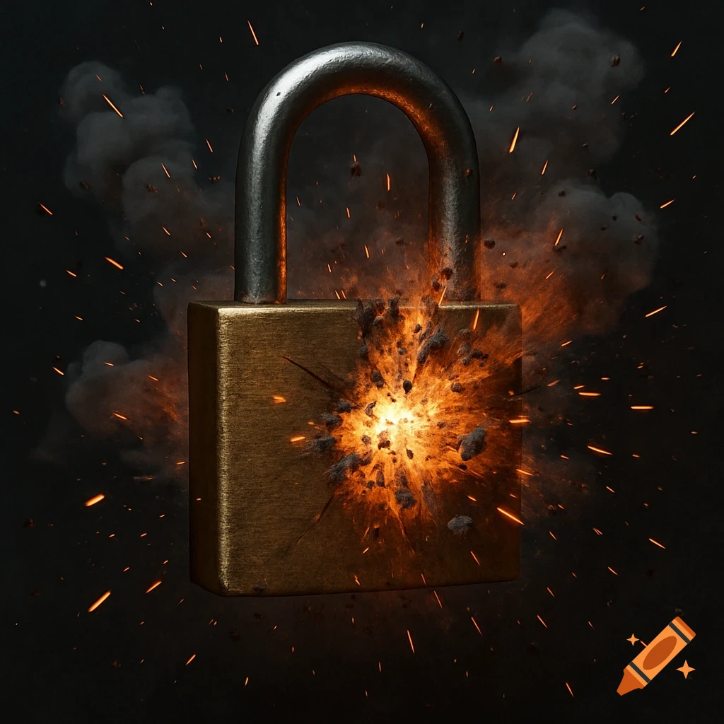 A photorealistic image of a golden padlock exploding from within, emitting bright orange light, sparks, and dark smoke against a black background.