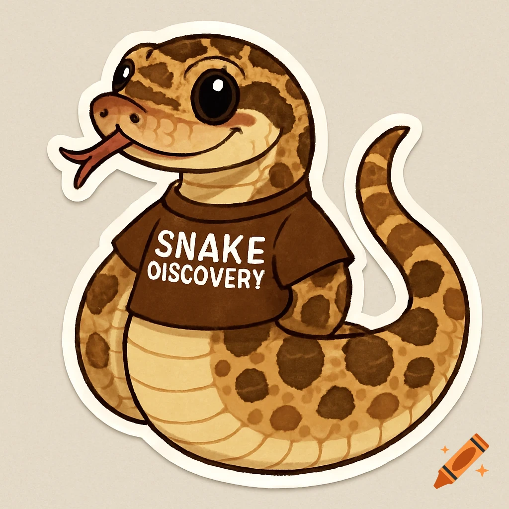 A cartoon sticker of a cute hognose snake wearing a brown t-shirt that says "SNAKE DISCOVERY" in white text.