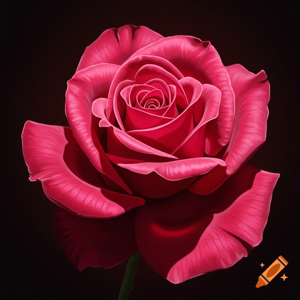 A vibrant red rose with many petals on a dark background, rendered in a detailed, illustrative style.