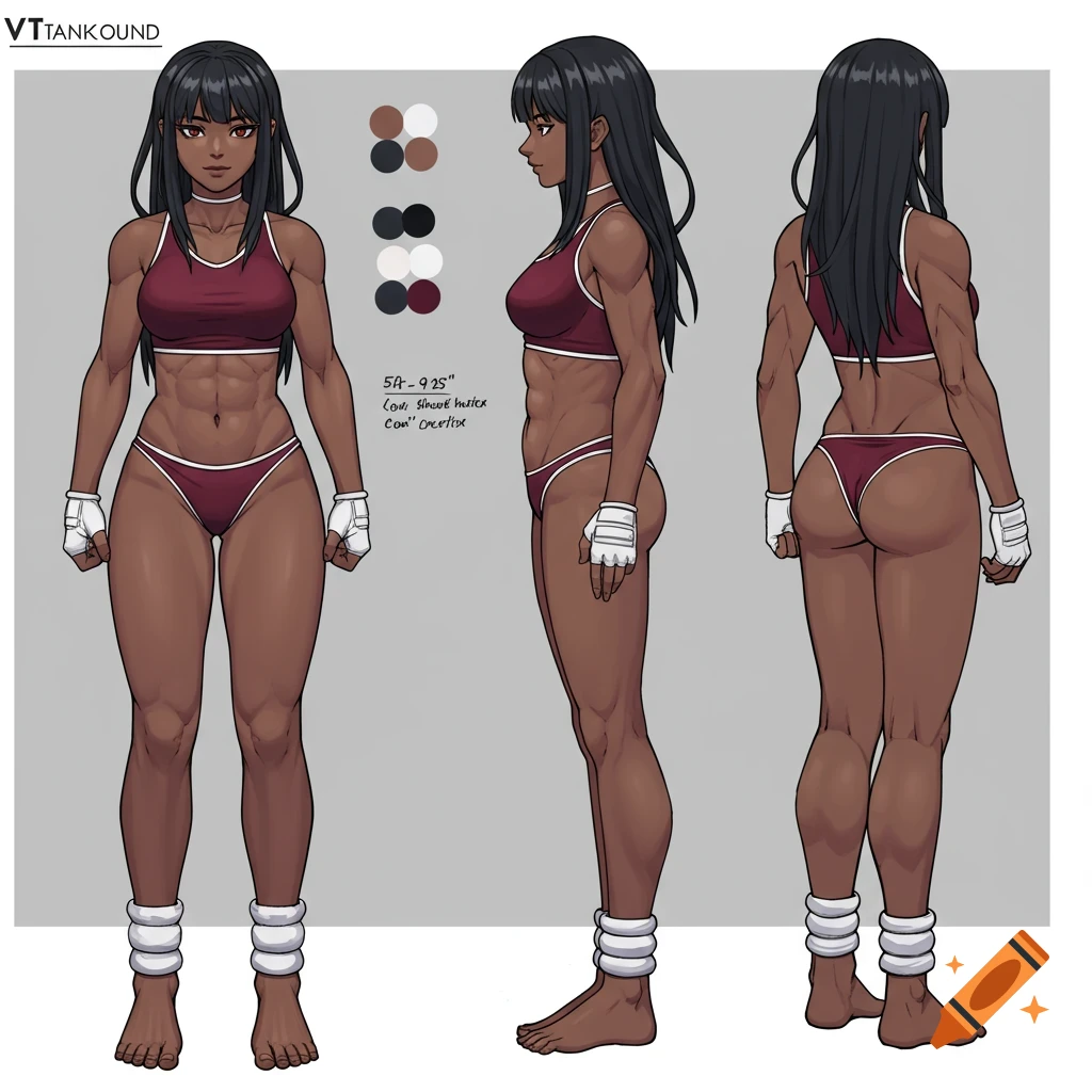 Anime character turnaround sheet of a muscular woman with dark skin and black hair, wearing a red sports bra and speedo, with white gloves and ankle weights. Shown from front, side, and back views.