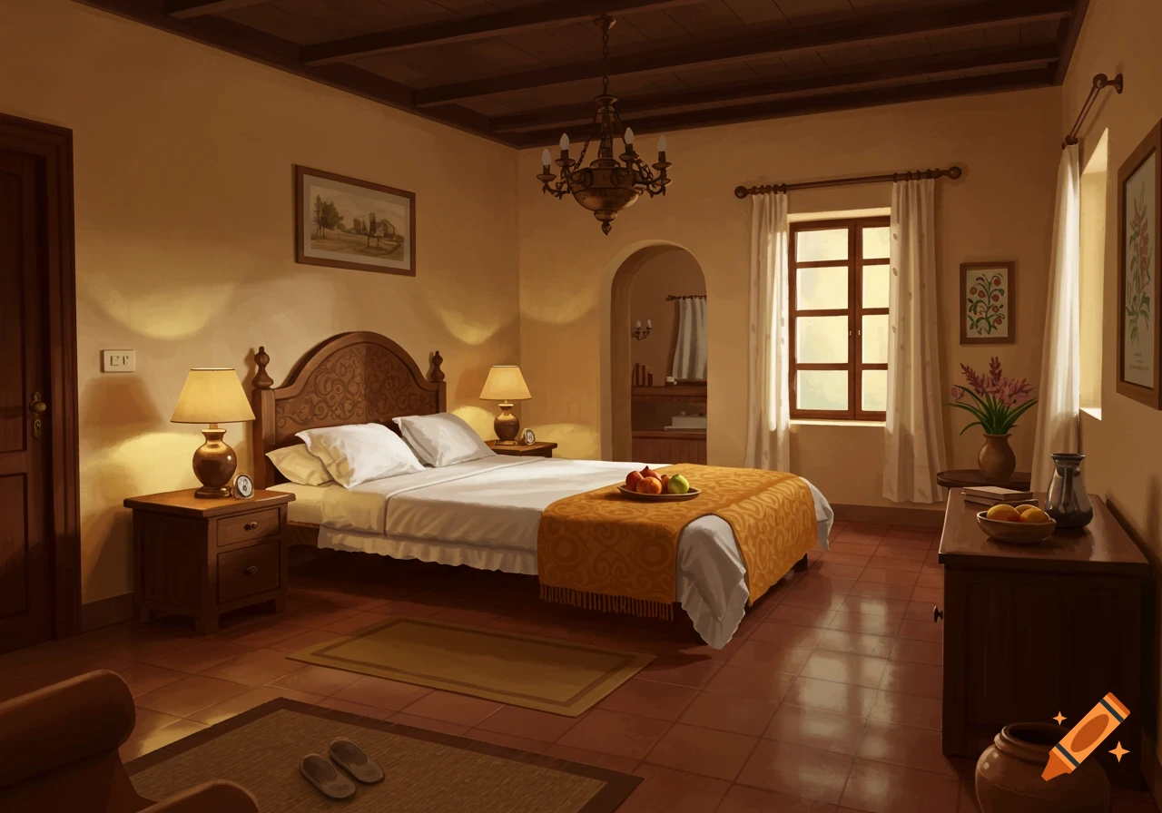 Cozy, dimly lit bedroom with a large bed, wooden headboard, bedside tables with lamps, and tiled floor, bathed in warm light.