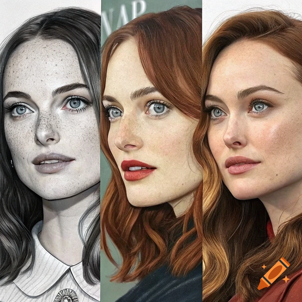 Three close-up portraits of a woman with long wavy red hair, blue-green eyes, and freckles, presented in a triptych style.