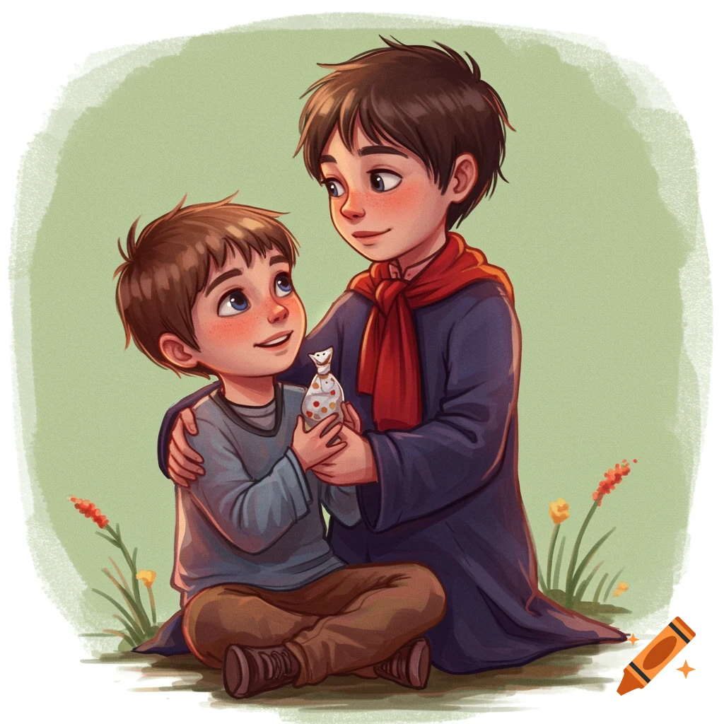 An illustration of two young boys sitting together, one holding a decorated bottle while looking at the other. Stylized art.
